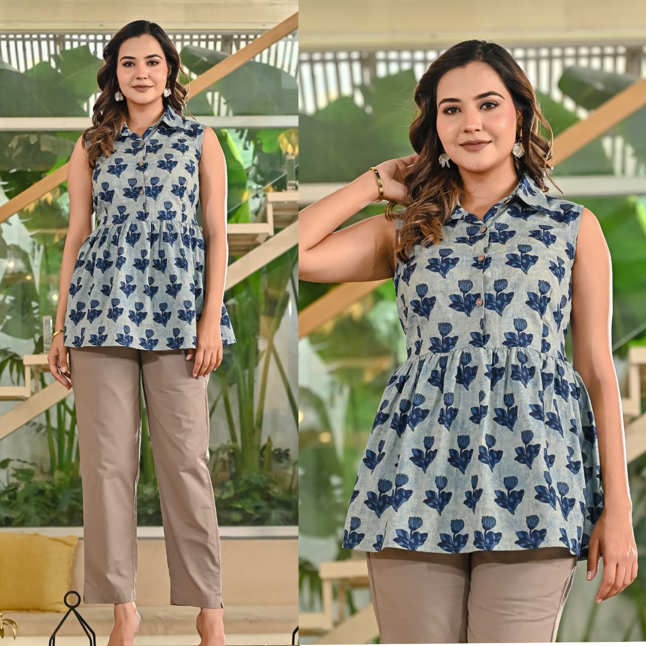 Cotton Sleeveless Collar Peplum Top