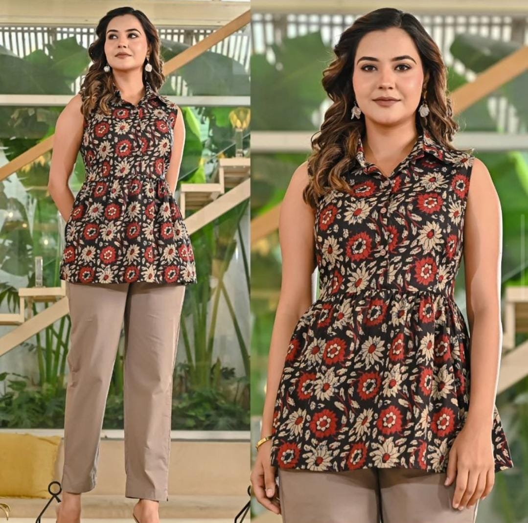 Cotton Sleeveless Collar Peplum Top