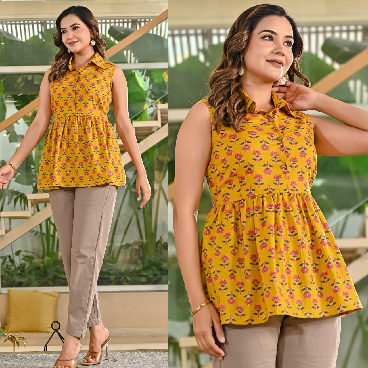 Cotton Sleeveless Collar Peplum Top